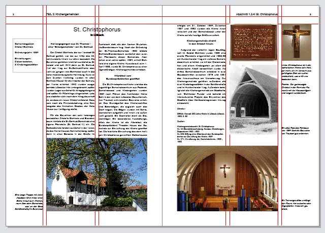 Layout-Entwurf für Buch, Doppelseite mit Führungslinien für die Gemeinde St. Christophorus in Lübeck
