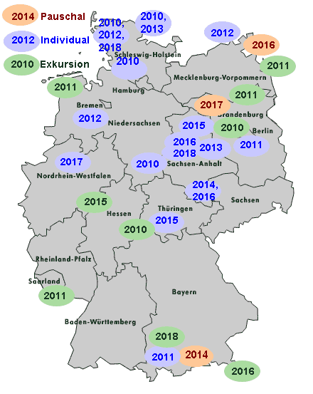 Landkarte von Deutschland mit bereisten Gebieten