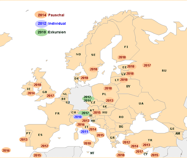 Landkarte von Europa  mit bereisten Gebieten