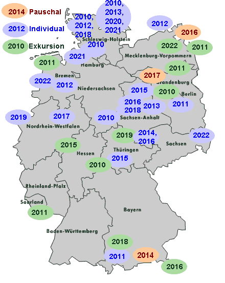 Landkarte von Deutschland mit bereisten Gebieten